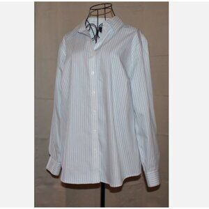 Jones New York 1X White Button Down Shirt Blue Pinstripes All Cotton Easy Care